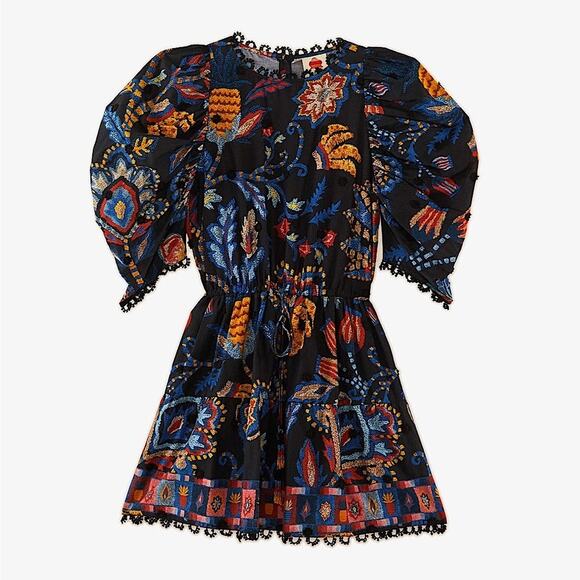 Very Rare Farm Rio Tapestry Floral Mini Dress Short Sleeve Black Blue Red XS New - Picture 7 of 11